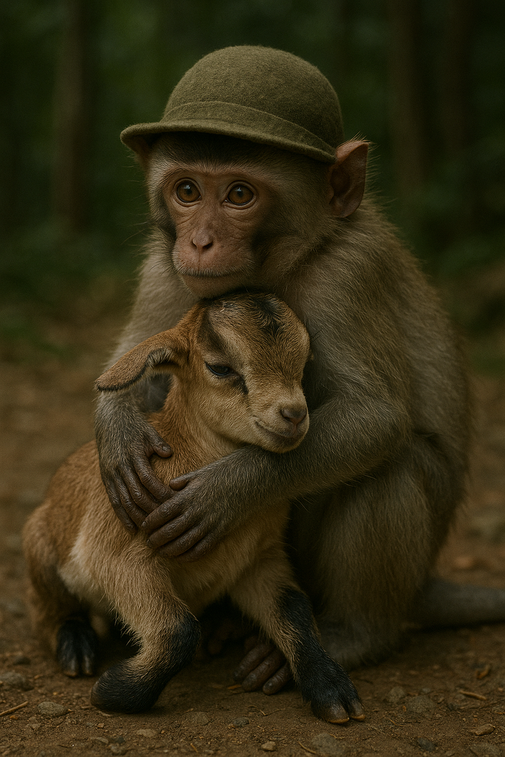 monkey hugging baby goat - original photo